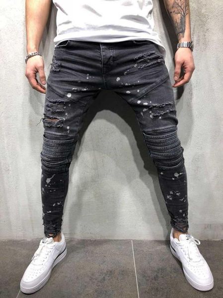 

2020 mens casual denim jeans skim slim knees holes hiphop pant washed good quality 46623106873372, Blue