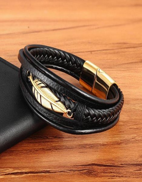 

charm bracelet men multilayer leather braided rope stainless steel feather leaf magnetic clasp bangle punk jewelry with a velvet b5900404, Golden;silver