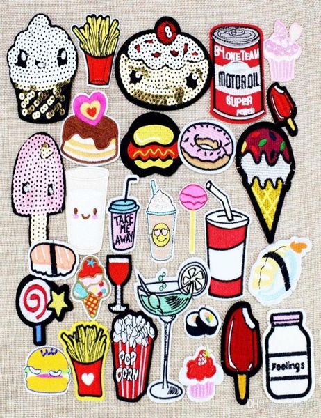 

10 pcs random diy food patches for clothing iron embroidered patch applique iron on patches sewing accessories badge for clothes h2057078, Black