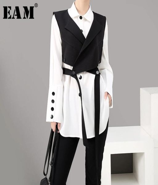 

eam women two piece blouse strap black button new lapel long sleeve loose fit shirt fashion tide spring autumn lj2009226872534, White