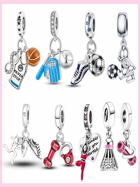 

925 silver fit p charm 925 bracelet baseball football volleyball charms yoga barbell sport shoes fitness charms set pendant diy fine beads j, Bronze;silver