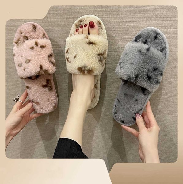 

2023 winter indoor fur slippers monograms house full furry soft fluffy plush platform flats heel non slip luxury designer shoes casual ladie, Black