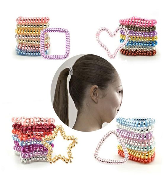 

telephone wire cord coil hair tie band rubber ring rope heart star triangle shape woman elastic stretchy girl holder bracelet acce9765847, Slivery;white