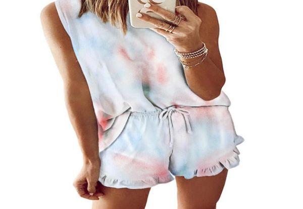 

women pajama 2pieces set summer clothing leopard tie dye printing o neck tee shorts pants sleepwear nightwear pjs suit8559685, Black;red