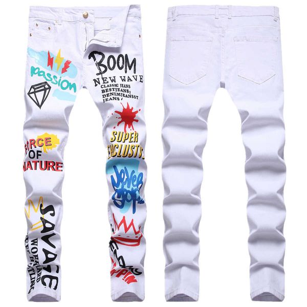 

men's jeans elastic printed white slim fitting floral pants fashionable trendy, Blue