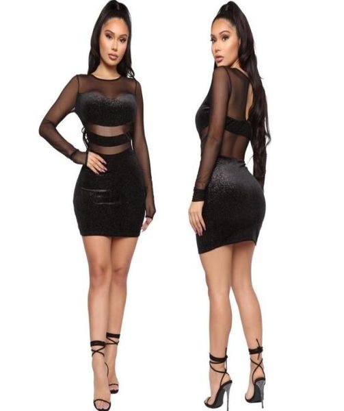 

casual dresses black bodycon party see through long sleeve mesh glitter bag hip mini dress autumn winter club night outfits5917210, Black;gray