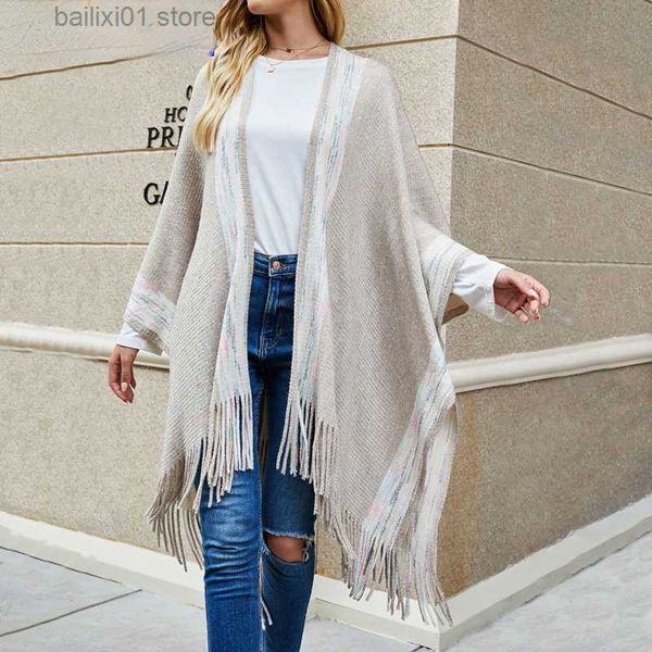 

women's cape 2023 autumn oversized scarf winter knitted poncho women's striped women's bag vintage shawl long poncho shawl lo, Black