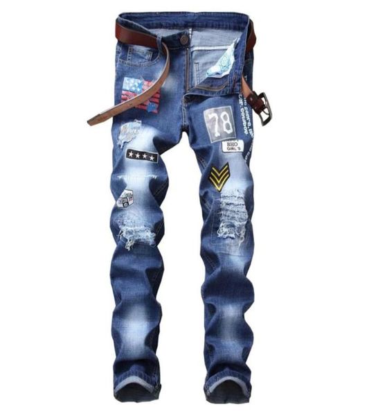 

ginzous men039s flag patch design blue denim jeans ripped distressed straight leg pants fashion style hip hop97784742836817