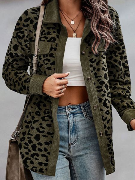 

womens jackets leopard print jacket women autumn winter long sleeve corduroy coat female casual loose single breasted pocket oversized outwe, Black;brown