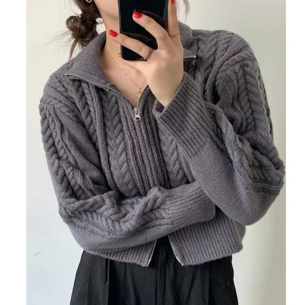

womens knits tees korean fashion knitted cardigan sweater women twists zipper casual coat autumn loose gentle ladies thick 28051 230818, White