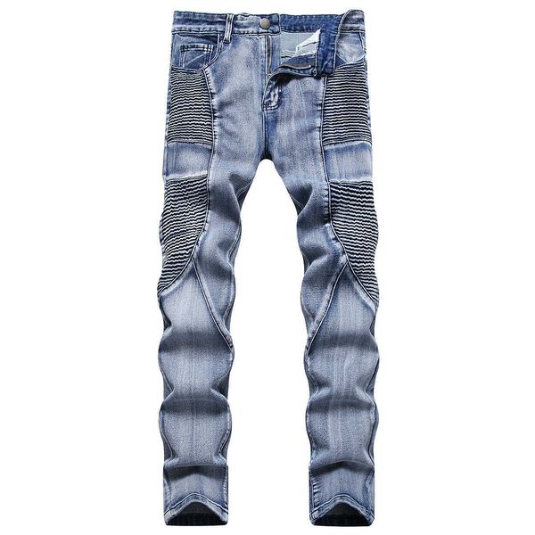

men's jeans denim 2023 slim fit straight barrel motorcycle spliced, Blue