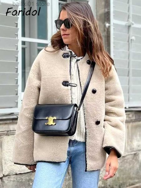 

women's fur faux fur foridol fluffy apricot button women teddy new coat faux fur winter fashion o neck thick autumn casual coat t230817, Black