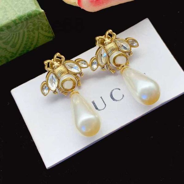 

charm designer new summer brass material inlaid with water diamond animal bee long pearl pendant temperament earrings a6de, Golden