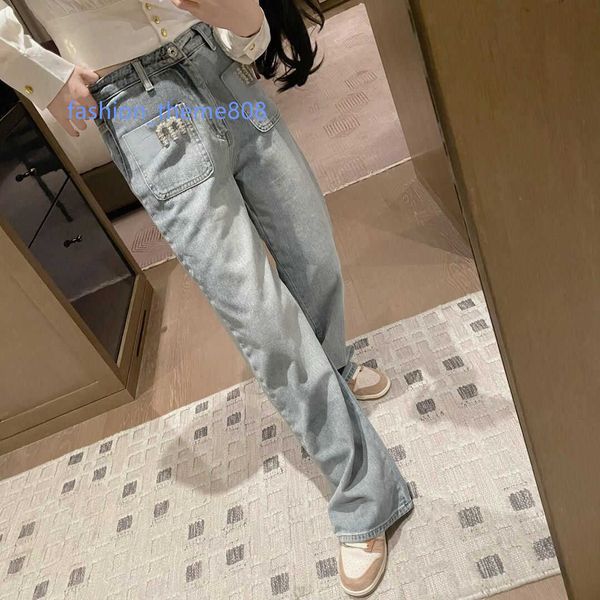 

womens clothing designer jeans pocket nail drill letter embroidered denim trousers spring high waist wide legs distressed jeans, Blue