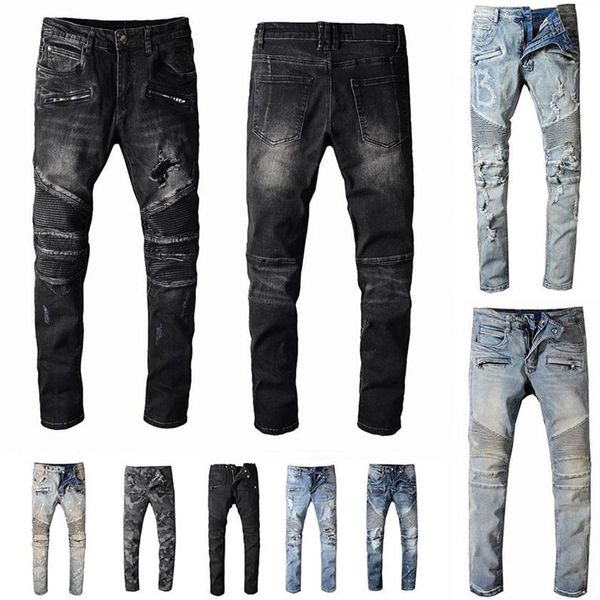 

mens designer jeans distressed ripped biker slim fit motorcycle biker denim for men s fashion mans black pants pour hommes172d, Blue
