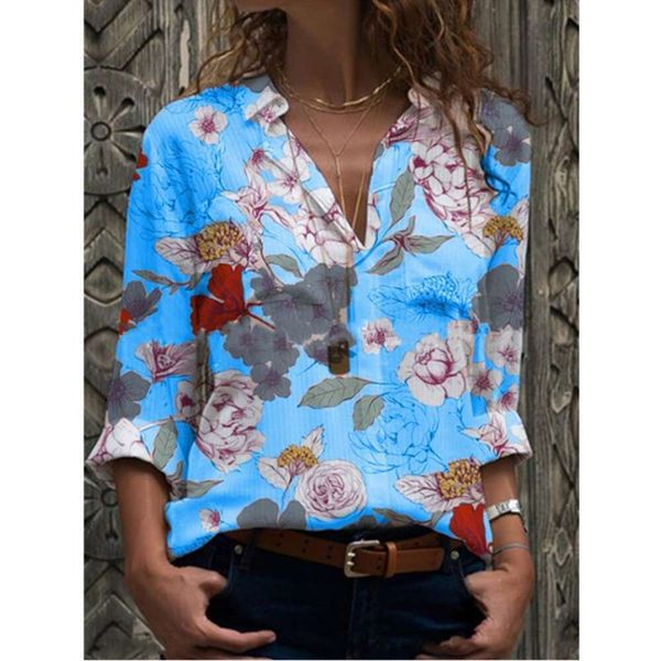 

autumn winter womens clothing shirt print long sleeve floral loose, White