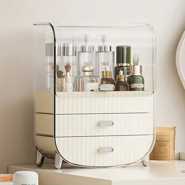 

1pc cosmetic storage cabinet, transparent toiletry finishing box with drawers, dust-proof desksundries storage box, vanity lipstick box, ski