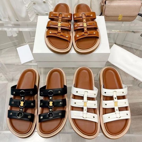

celiny triomphe woman slippers tippi gladiator sandals flat heel mules sliders fashion new flip flop designer leather travel summer black wh