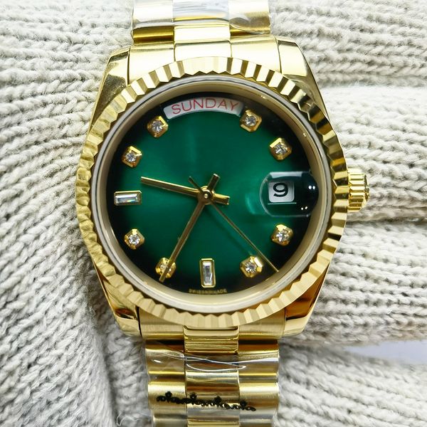 

men's watch sunday calendar automatic mechanical watch 128238 gradient green dial diamond-encrusted 36mm gold case stainless steel fold, Slivery;brown