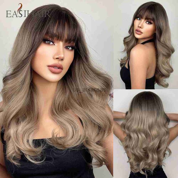 

synthetic wigs easihair ombre brown long wavy synthetic wigs with bang ash brown blonde natural hair wig for women daily cosplay heat resist, Black