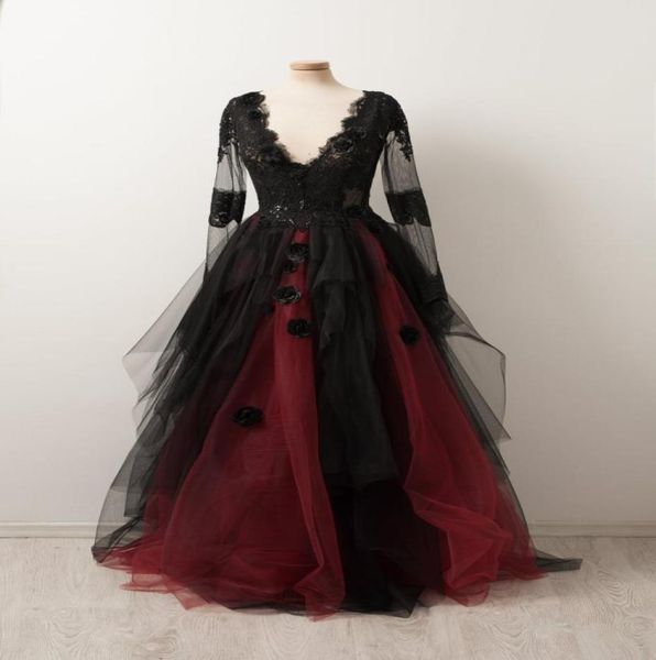 

2021 black dark red gothic wedding dresses v neck long sleeves sequined lace ruffles tulle 3d flowers aline colored bridal gowns 2856392, White