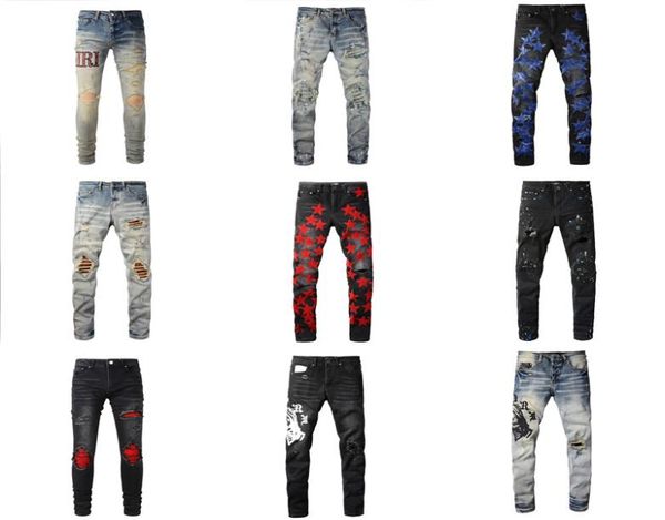 

mens designer jeans army distressed ripped biker slim fit motorcycle bikers army denim for women men fashion mans black pants9456607, Blue
