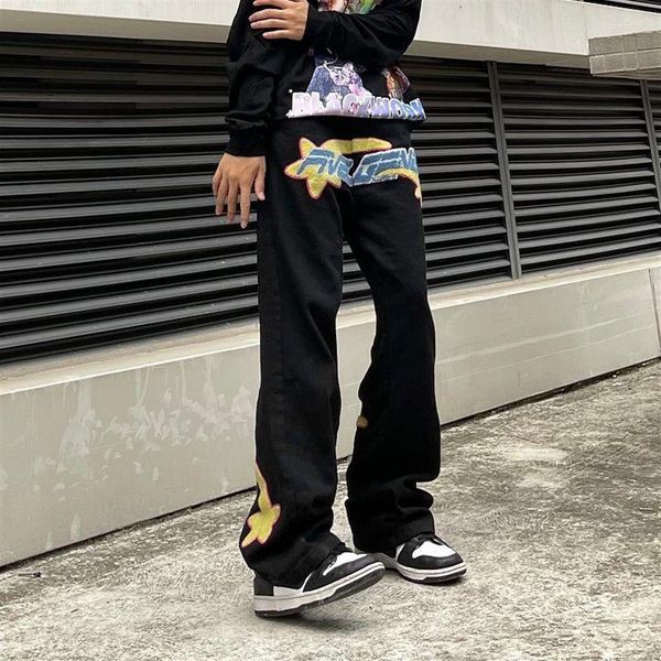 

men's jeans fashion y2k retro denim men brand clothing women mens embroidery harajuku straight casual wide leg pants street t192v, Blue