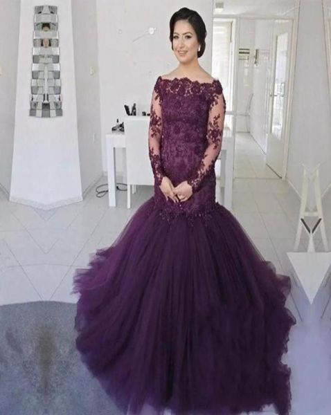 

purple evening gowns mermaid off shoulder long sleeve sweep train prom dresses with lace beads tulle formal party prom gowns dh4189897370, Black;red