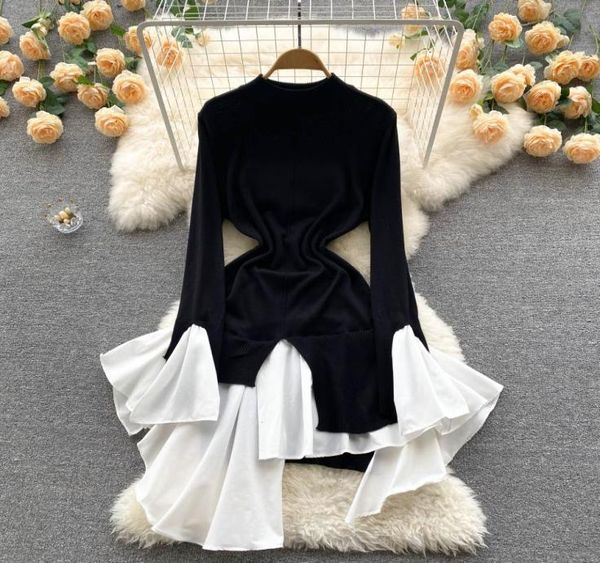 

a line korean runway dresses temperament knitted dress women autumn slim thin irregular contrast color patchwork vestidos fashion 5214149, Black