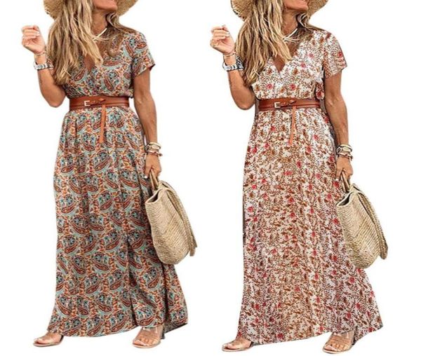 

fashion long dress for women v neck short sleeve print belt large hem beach long dress elegant women039s dress 20211438961, Black;gray
