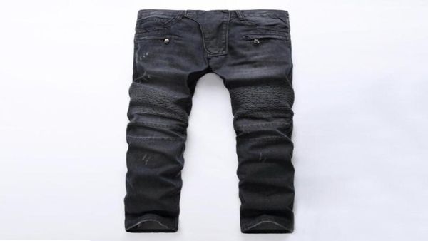 

fashion designer mens zipper biker jeans patchwork slim fit black moto denim joggers pleated cool jean4261838, Blue