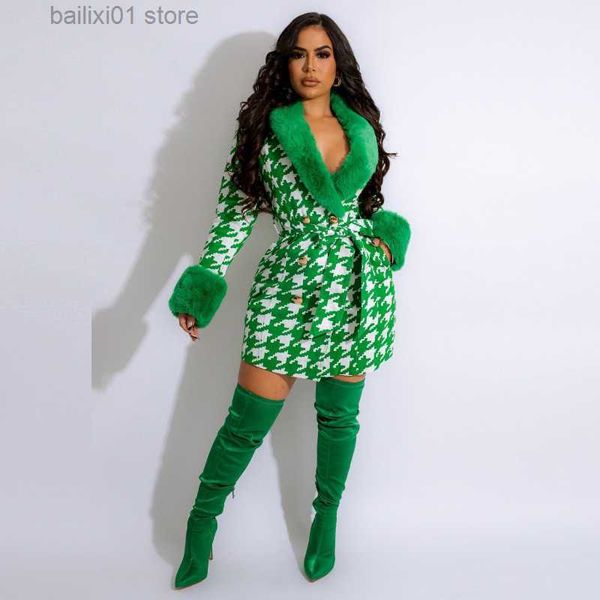 

women's wool blends detachable faux fur splicing houndstooth long coat with belt women turn down collar long sleeve double breasted sli, Black