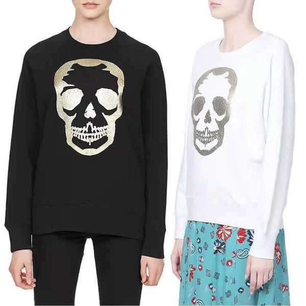 

zadig voltaire designer hoodie zv pullover skull crackle bronzing printed cotton fleece round neck plush sweater, Black