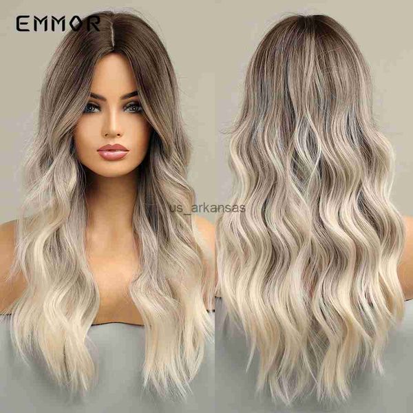 

synthetic wigs emmor synthetic women's long wavy ombre dark brown to light blonde wigs natural eat resistant wig for women party fashio, Black
