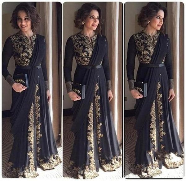 

black muslim evening dresses with gold applique long sleeves sheath prom dress custom made vintage evening gowns5498838, Black;red