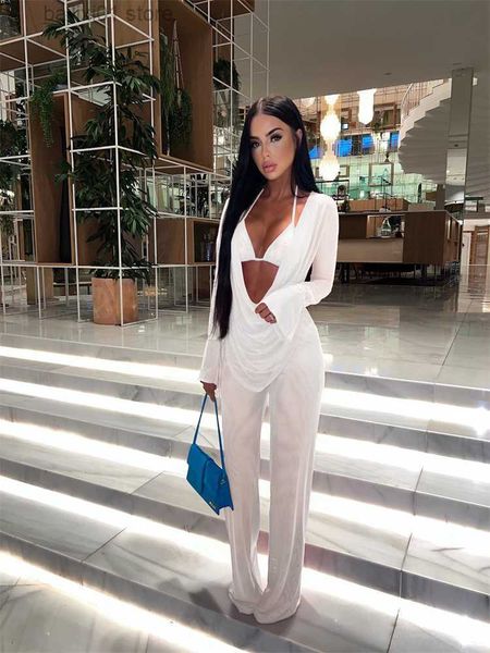 

women's two piece pants solid sheer mesh 3 piece set women lace up bra long sleeve blouse wide leg pants fashion matching suits t230818, White