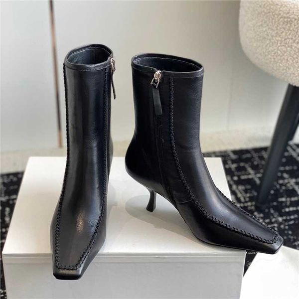 

autumn and winter new short boots women's head thin heel high heel genuine leather single boots cowhide zipper fashion slim boots, Black