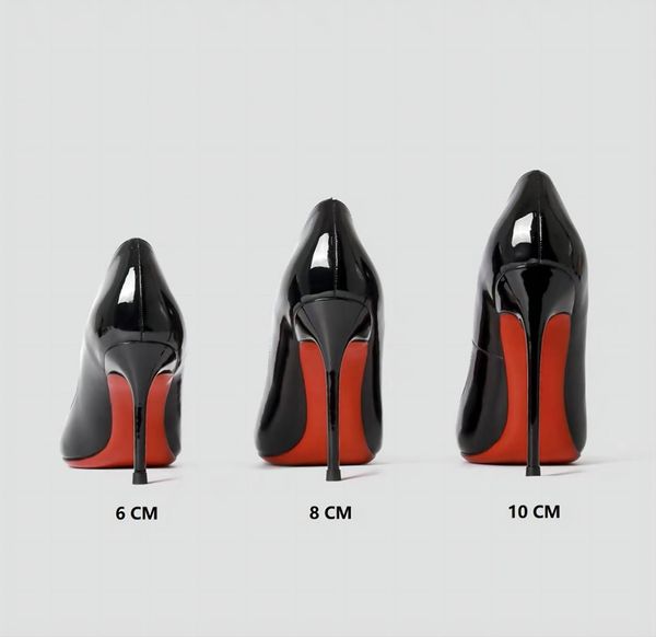 

brand summer women's red shiny bottom classic pointed toe shallow mouth leather dress shoes stiletto wedding 6 8  12cm with dust bag, Black