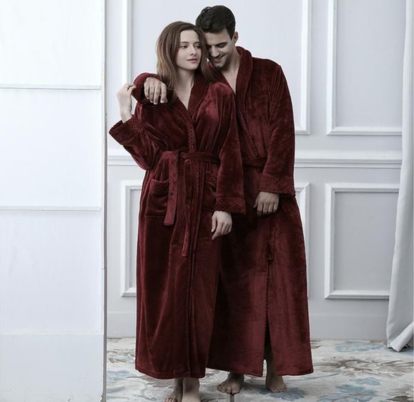 

women men extra long ps size warm coral fleece bathrobe winter thermal flannel dobby kimono bath robe bridesmaid dressing gown5028730, Black;red