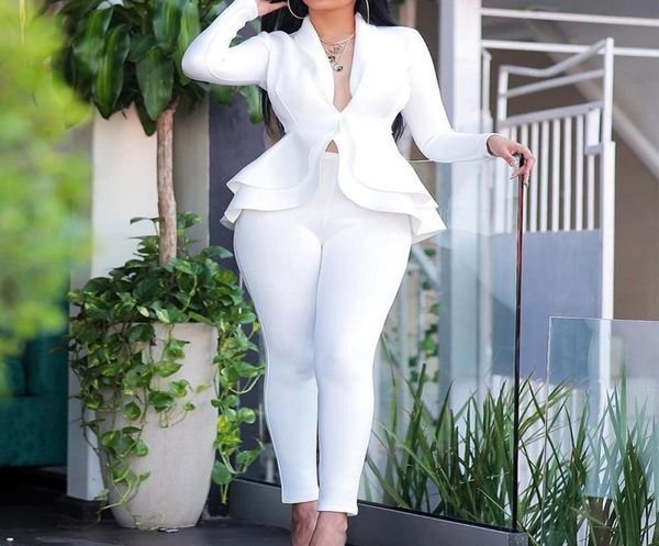 

new women winter women039s set tracksuit full sleeve ruffles blazers pencil pants suit two piece set office lady outfits unifor3879371, White