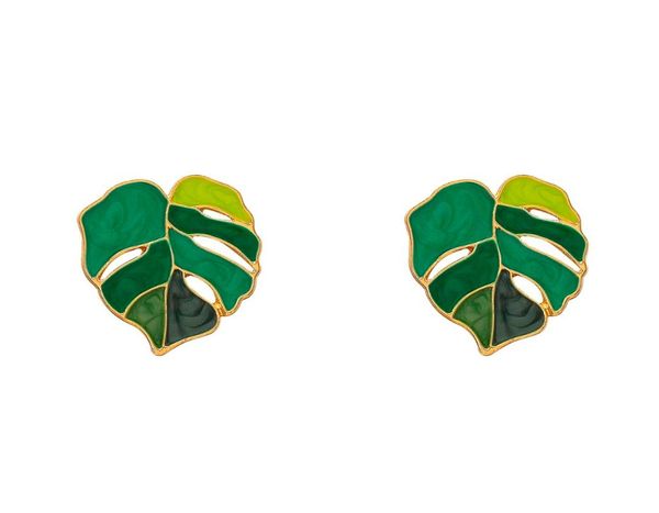

tropical plant shape green enamel leaf drop earrings monstera leaf pendant earrings for women summer party jewelry gift3623958, Golden;silver