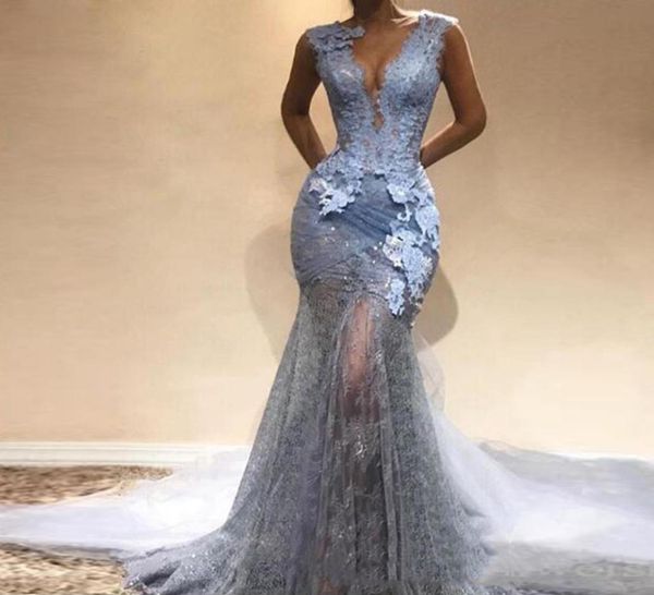 

abendkleider 2020 dusty blue lace long mermaid prom dresses v neck sleeveless formal party gowns vestido de festa4265765, Black