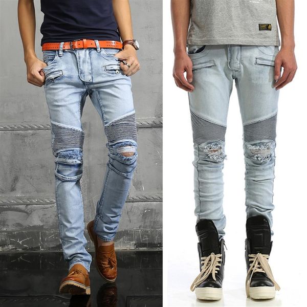 

big size 40 slim cut biker denim jeans men elastic ripped washed2487, Blue