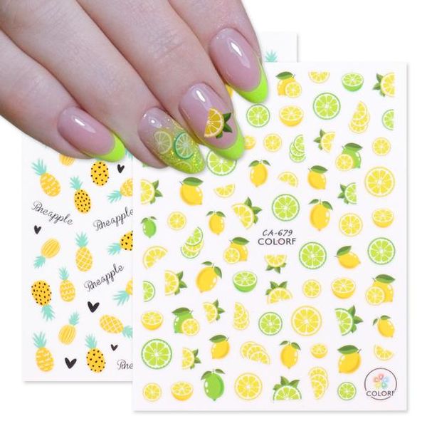 

3d lemon pineapple nail art yellow stickers nails decals summer adhesive colorful fruit papaya manicure slider foil chca6756811208400, Black