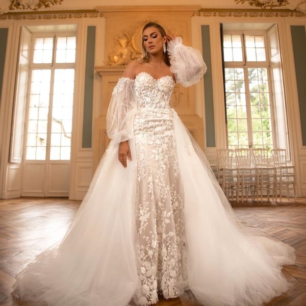 

sweetheart neck puff sleeve mermaid wedding dress 2023 appliques lace detachable train tull princess bridal gown, White