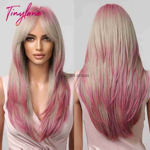 

synthetic wigs gray ash blonde pink highlight synthetic hair wigs with bangs long straight ombre cosplay wig for women natural layered hair, Black