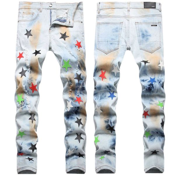 

men's jeans street tide am broken hole heavy craft tie float hand painted wash water colorful star embroidery small straight tube, Blue