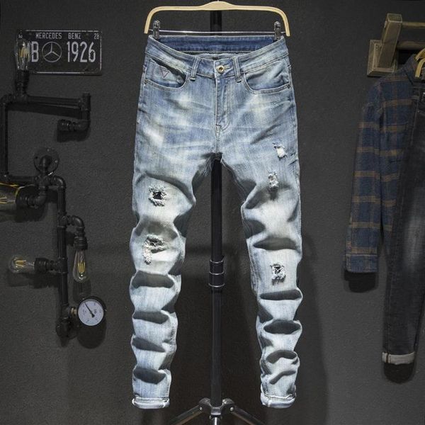 

mens jeans holes frayed hiphop ripped light blue stretch slim leg streetwear distressed moto biker jeans male denim pants263q