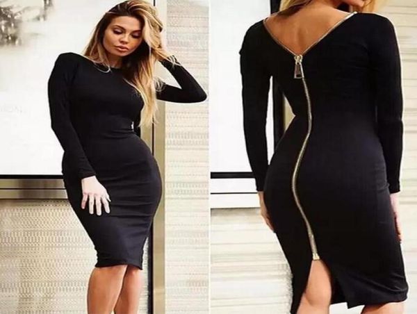 

fashion black long sleeve party dresses women clothing back full zipper robe femme pencil tight dress2573989, Black;gray