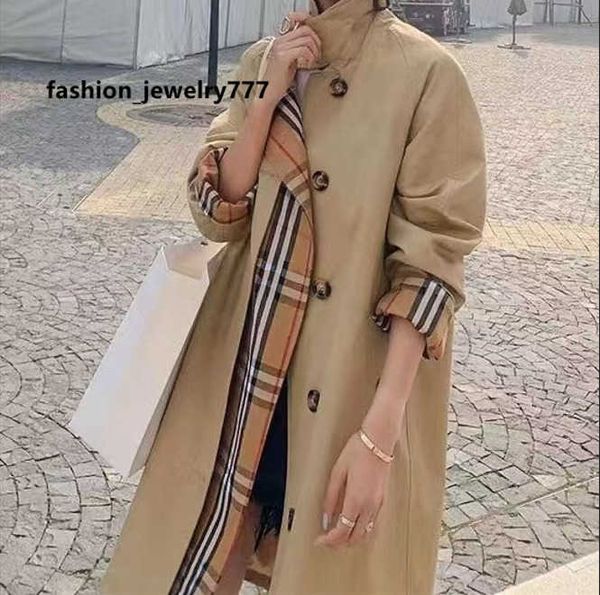 

designer 2022 trench coat european and american luxury plaid style fashion stitching fake two loose women's mid-length trench coats, Tan;black